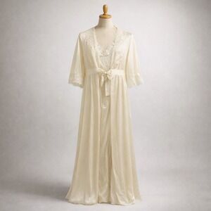 Vintage Ivory Lace Satin Robe Peignoir Set Sheer Bridal Lingerie Small